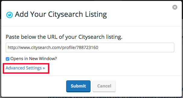 add citysearch link adv settings hlt