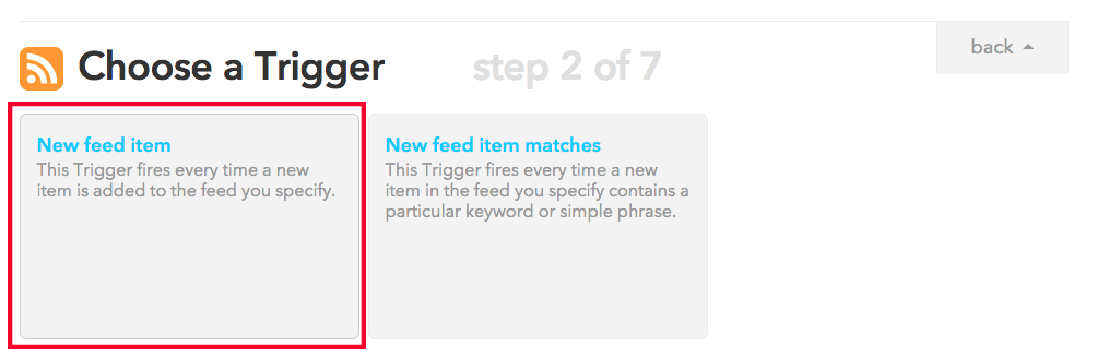 choose trigger new feed item hlt