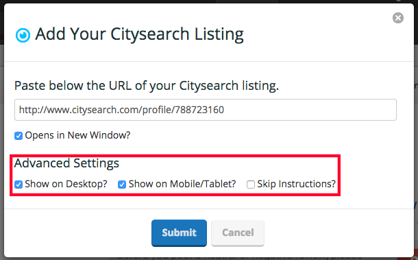 add citysearch listing show advanced settings hlt
